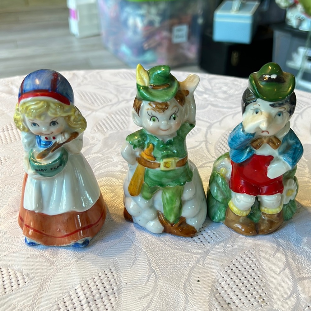 Vintage 1970's Peter Pan, Pinocchio, and Goldilocks porcelain ceramic bells